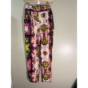 Material Girl Pink Yellow Abstract Print Tapered Leg Pants Size M Elastic Waist